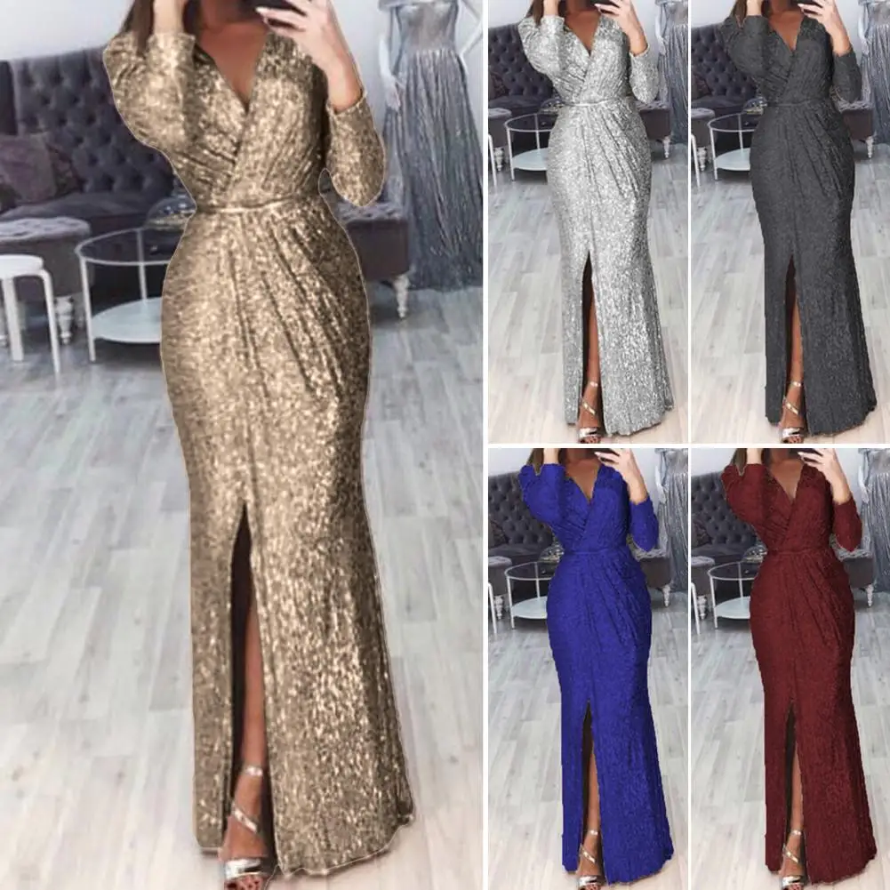 

Spring Autumn Women Formal Dress Solid Color Deep V Neck High Waist Long Split Dress For Banquet Wedding Party Женское Платье
