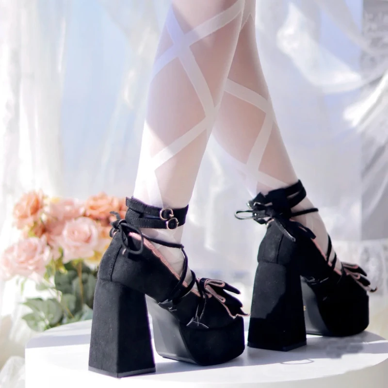 Sweet Lolita Shoes Chunky Platform High Heels Women Y2k Mary Jane Shoes with Straps Cute Pink Bow Fashion Female Cosplay Pumps