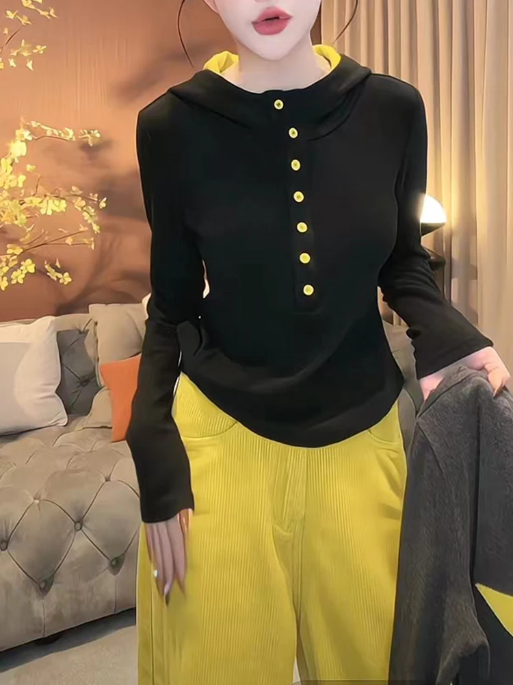 Plus Size High-End Black Temperament Hood Shoulder Korean Series 2024 Autumn New Half-Open Collar Breasted Bottoming Shirt T-...