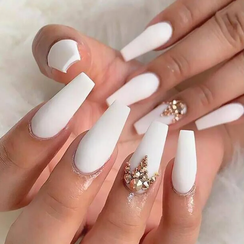 

Extended White Matte Diamond Ballet Nail Ultra-Thin Removable Fake Nails Full Cover Nail Tips Acrylic Press on Nails