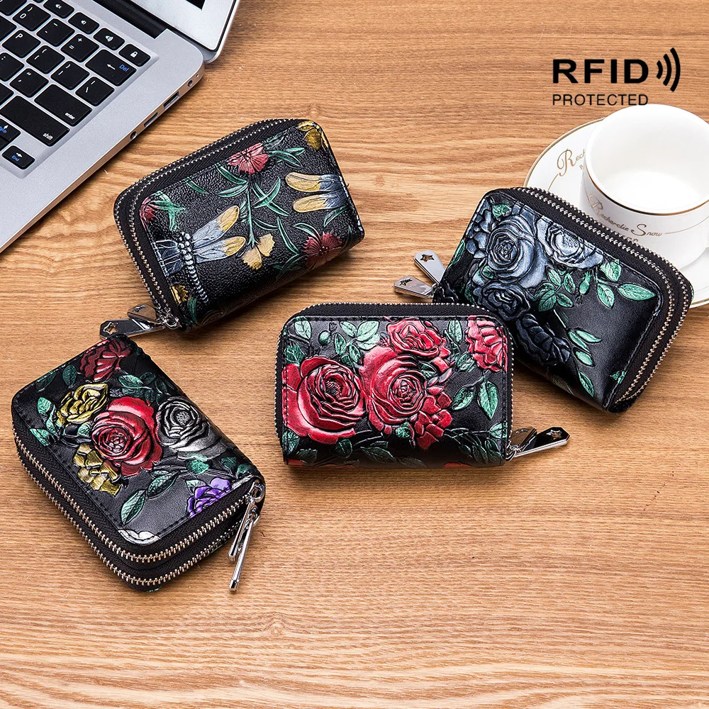 Women Leather Rfid Card Holders Wallets Female Double Zipper Purses Ladies Money Bag Large Capacity Coin Bag Clutch Card Case
