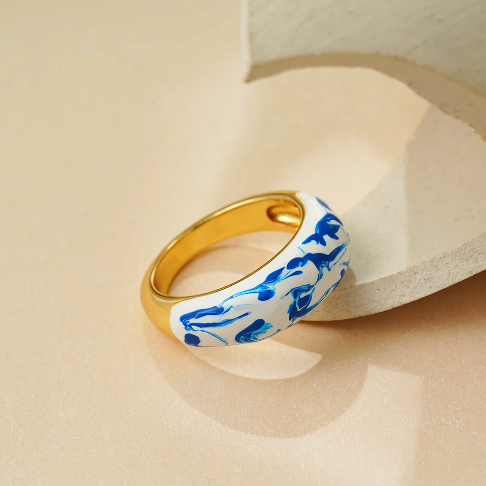 Винтажное геометрическое круглое сине-белое эмалированное керамическое кольцо