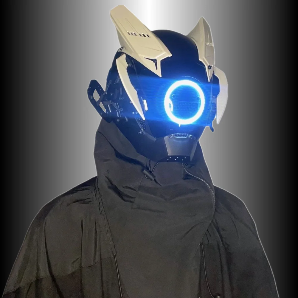 Белый и черный кибер панк маска шлем с светильник s панк Techwear  светильник футуристический Косплей самурайский Рыцарь Воин костюм для  мужчин | AliExpress