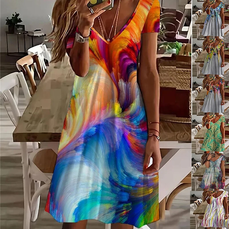 

GaunCetakAbstrakWanitaMusimPanas2022GaunWanitaModeEleganLenganPendekLeherVRokPanjangLututKasualDesainBaru