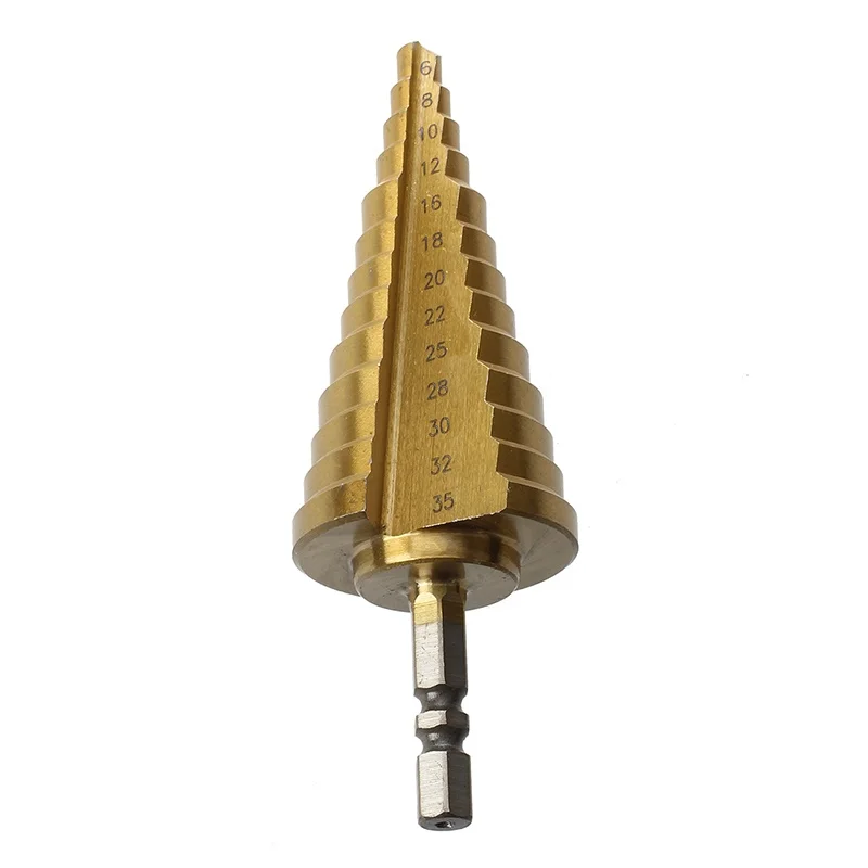 

HOT 6-35MM Plating HSS 13 Step Cone Drill Bit Titanium Hole Cutter Hex Shank Steel