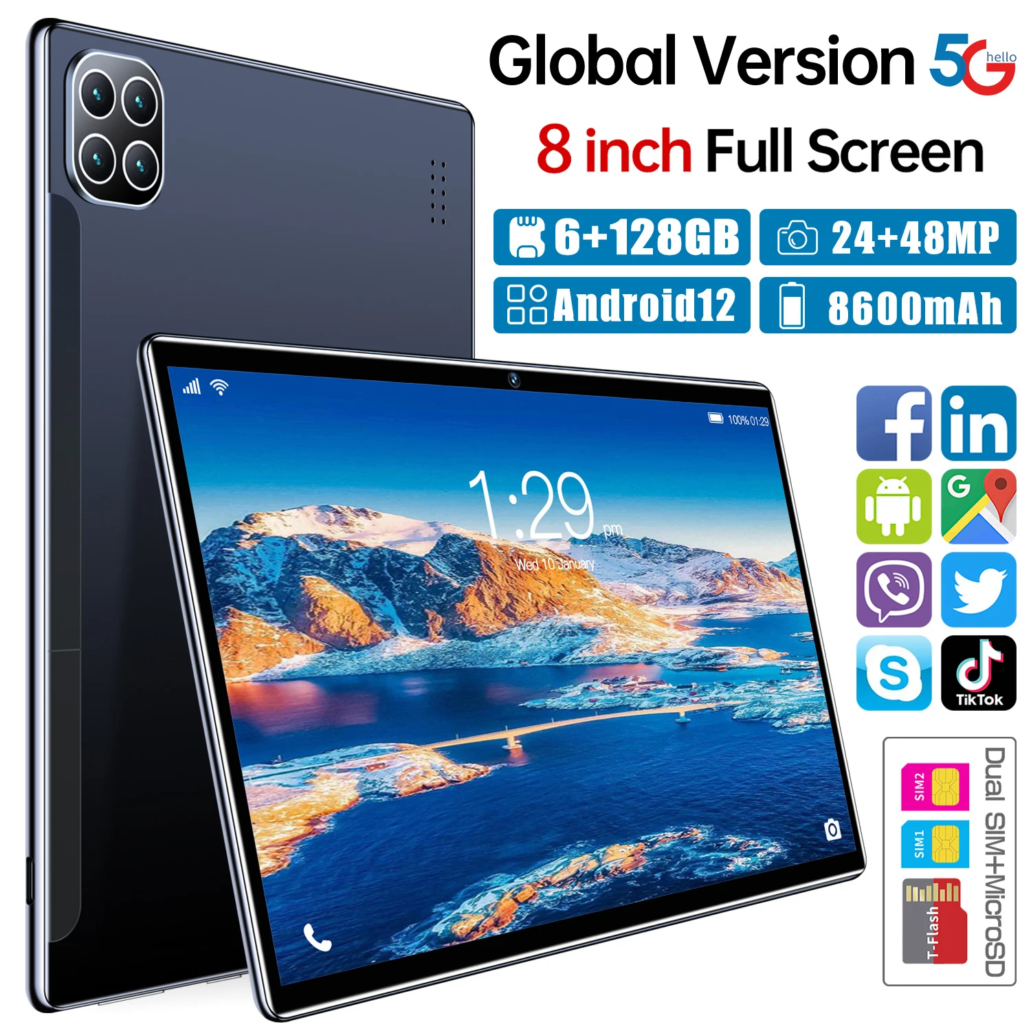 Планшет Android 12 8 дюймов H960 24 + 48 Мп Google Play 10 ядер 8600 мАч Wi-Fi 6 ГБ 128 2022 Новые планшеты