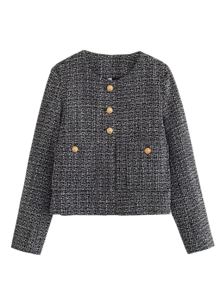 Женская короткая куртка с круглым вырезом однотонная офисная металлическими