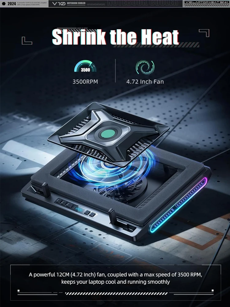 Фото Подставка-кулер для ноутбука V10 RGB с мощным внешним турбо-вентилятором диаметром 4,72 дюйма, быстро охлаждает ПК 13–17,3 дюйма, 4-портовый USB C&A №1