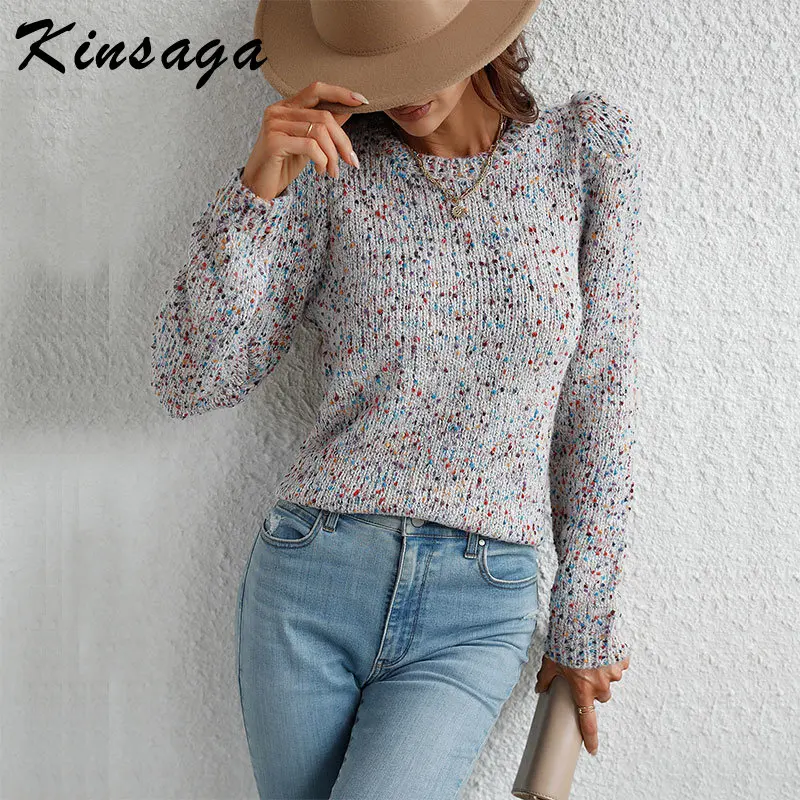 

Fall Winter Thick Polka Dot Patchwork Sweaters Women Casual Loose Puff Sleeve O-neck Knit Jumper 2022 Female Warm Pullover Tops