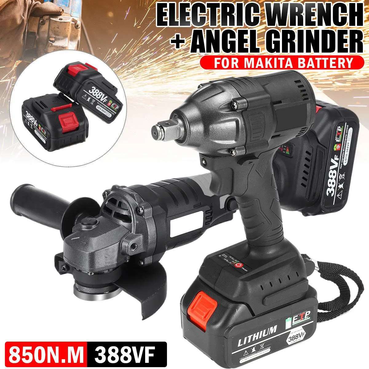

2 IN 1 850N.M Brushless Electric Impact Wrench Screwdriver 125MM Brushless Electric Angle Grinder For Makita Battery