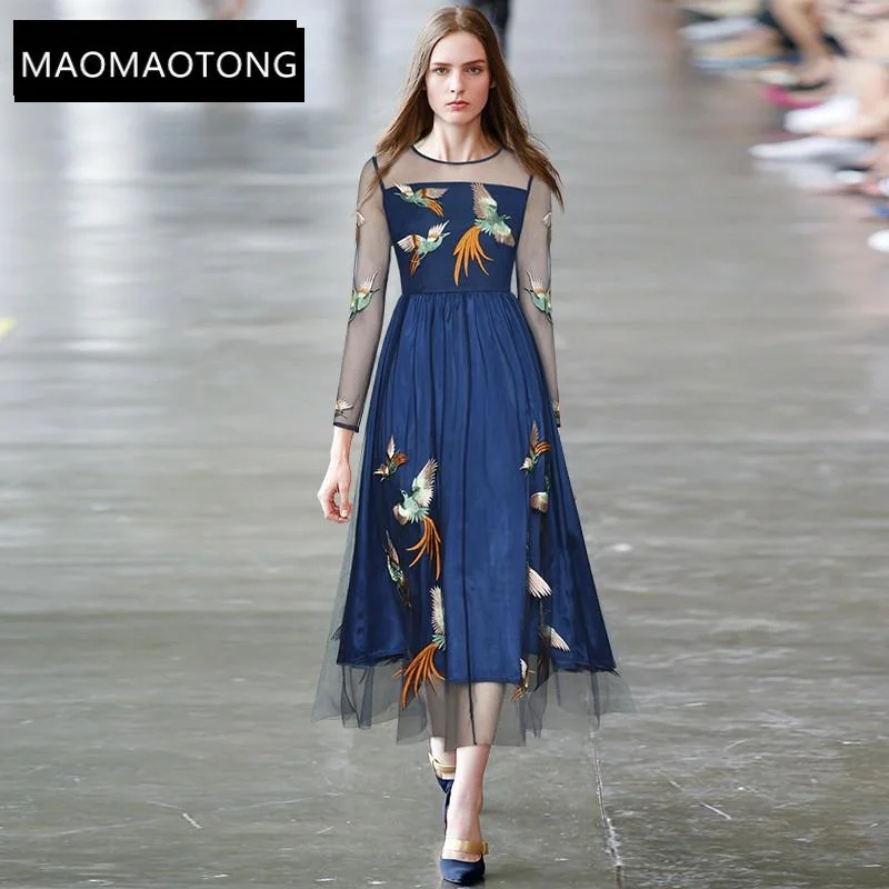 

Women's Clothingfashion Designer Dress Spring Women's Dress Long Sleeve Mesh Little Bird Embroidery High Quality Vintage Dresses