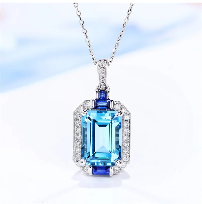 

Sparkling Crystal Ocean Blue Square Pendant For Lady Anniversary Gift Trendy Silver 925 Collarbone Chain Women Necklaces Gift