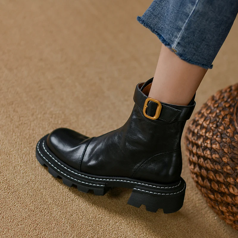 Cowhide Thick Heels Ladies Shoes With Buckle Ankle Boots Side Zippers Women Winter Boots Round Toe Autumn Spring Short Boots