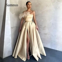 sumnus sexy satin prom dresses high side split evening gowns pockets feather formal women dress evening party dress 2022