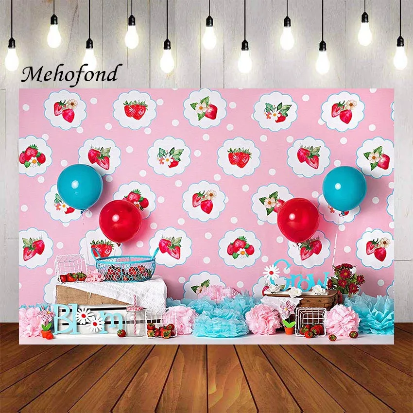 

Mehofond Photography Background Strawberry Pink Balloon Flowers Girl Cake Smash Birthday Party Decor Backdrop Photo Studio Props