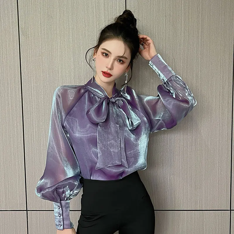 

Chiffon Women Shirts Summer 2023 Solid Long Sleeve Fashion Y2k Blouses Loose Korean Top Bow New Casual Blusa YCMYUNYAN