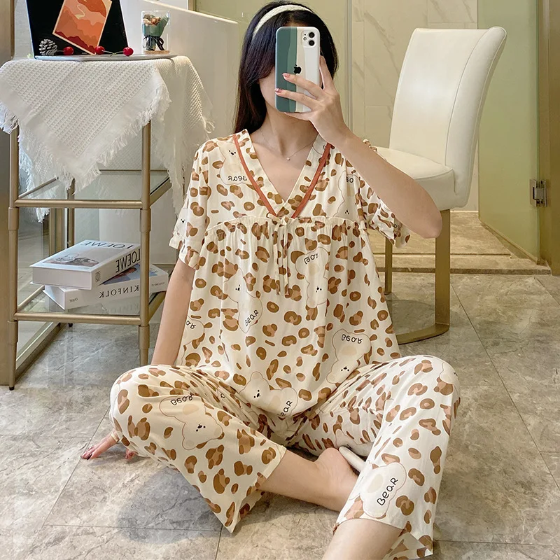 Spring and Summer New Pajamas Women's Short-sleeved Trousers Cotton Silk Suit V-neck Korean Version Thin Section Home Service