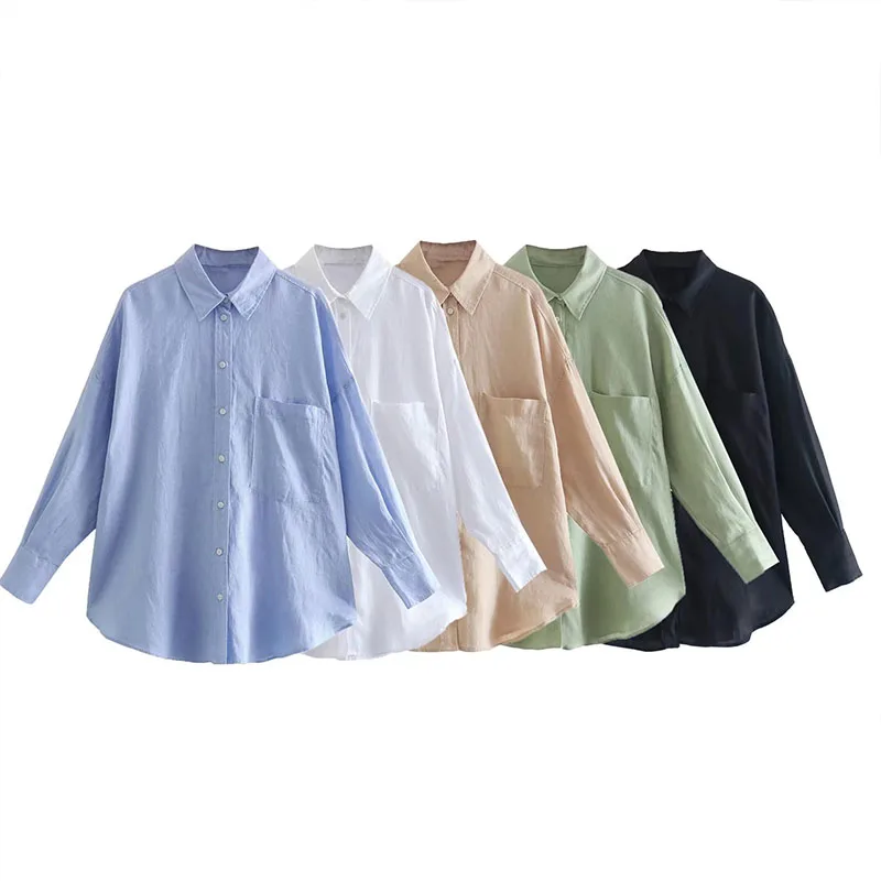 

Summer Women's 2023 New Casual Loose Lapel Single-Breasted Long-Sleeved Linen Pocket Shirt Thin Blouse
