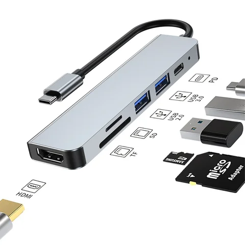 USB C-концентратор 6 в 1 USB C-адаптер с 4K HDMI 100 Вт PD USB 3.0 SD/TF Card Reader MacBook pro air ipad iphone15 typec