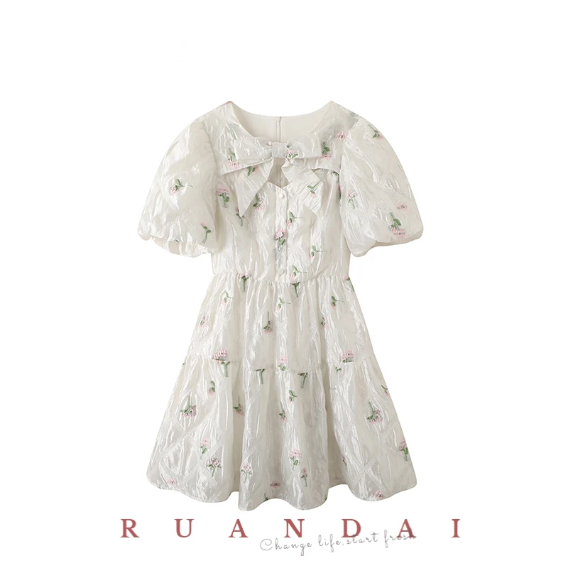 Tweed Bow Short-sleeved A-line Skirt for RUANDAI 2022 Summer Round Neck Waist Thin Pullover Floral Dress Women