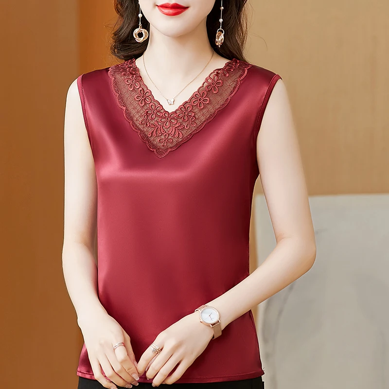 

Summer Silk Tank Top Women Lace SATIN Sleeveless Womens Tops Korean Office Lady Lace Women Spaghetti Strap Tank Top