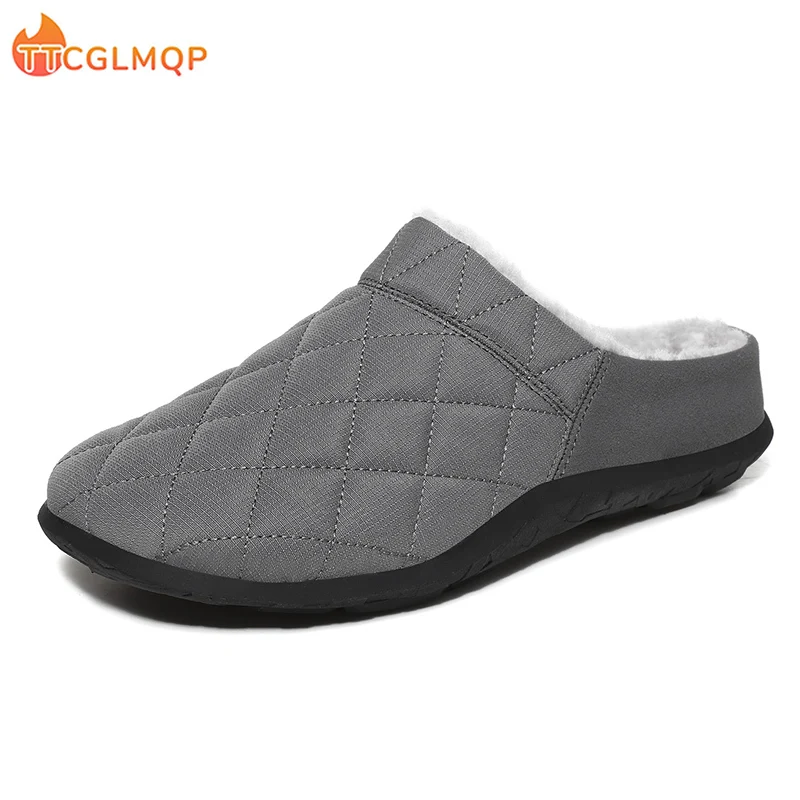 

New 2022 Men Slippers Home Winter Indoor Warm Plush Shoes Thick Bottom Waterproof Leather House Slippers Cotton Shoes Big Size
