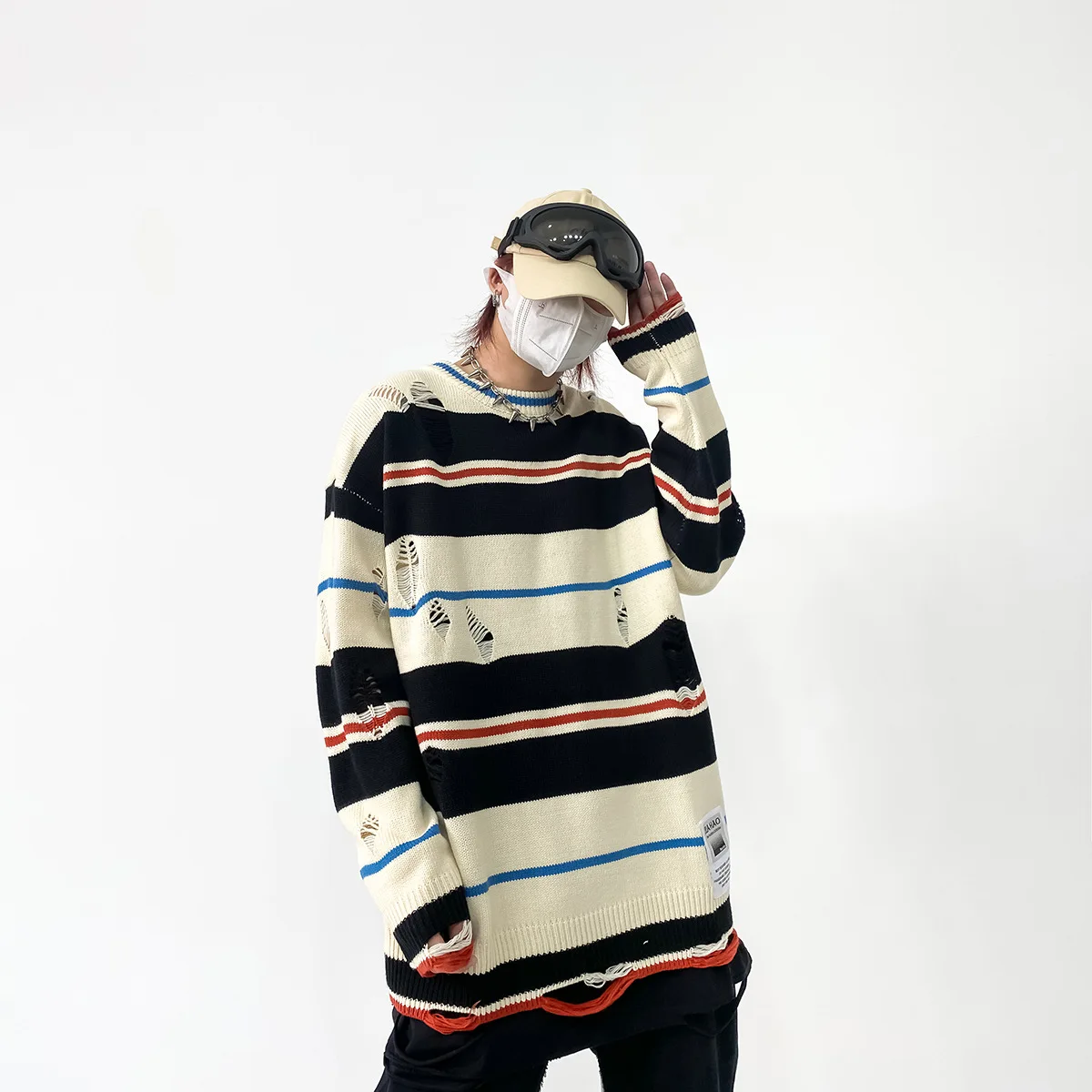 

Hip-hop Men Pullover Hole Striped Knitted O-Neck Sweater Vintage 2022 Spring Autumn Loose Niche Trendy Brand Outer Wear Unisex