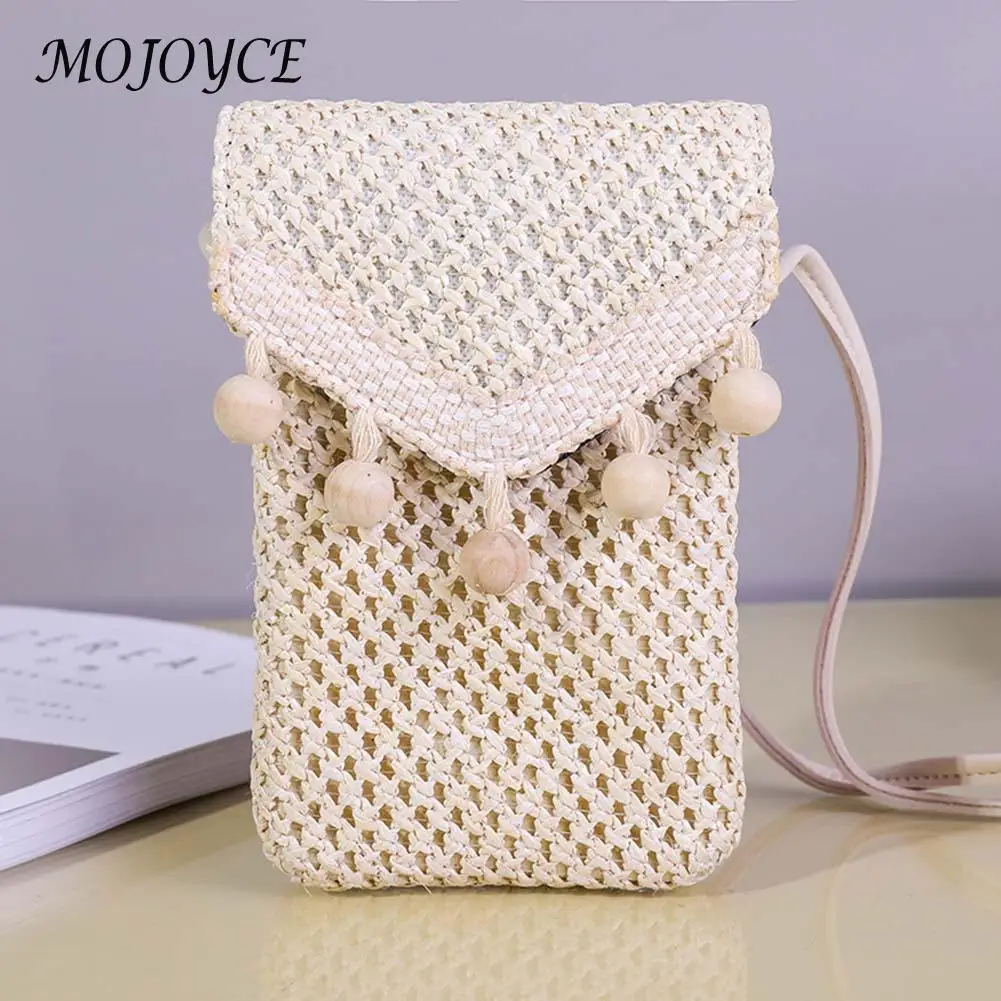 

Женская летняя плетеная сумка-мессенджер через плечо с подвеской из бисера, Женский дорожный пляжный Кошелек для монет