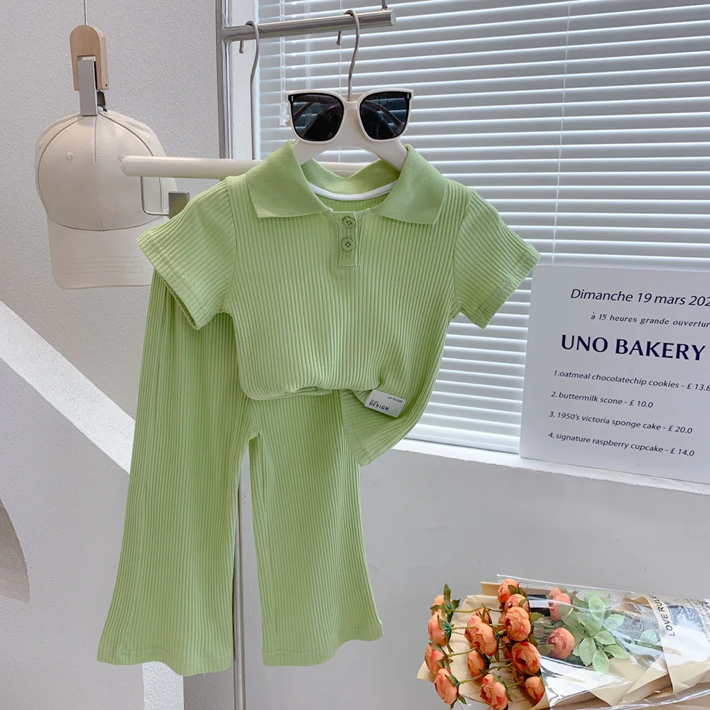 

2-6Years Old Children Clothing Suit Summer Turn-Down Collar Elastic Knit Short Sleeve Kids Girls T-shirt Tops+Pants 2Pcs Sets