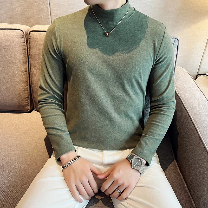 Men's semi-high neck sweater, double-sided German velvet, tight, casual, fashionable, suitable for autumn and spring