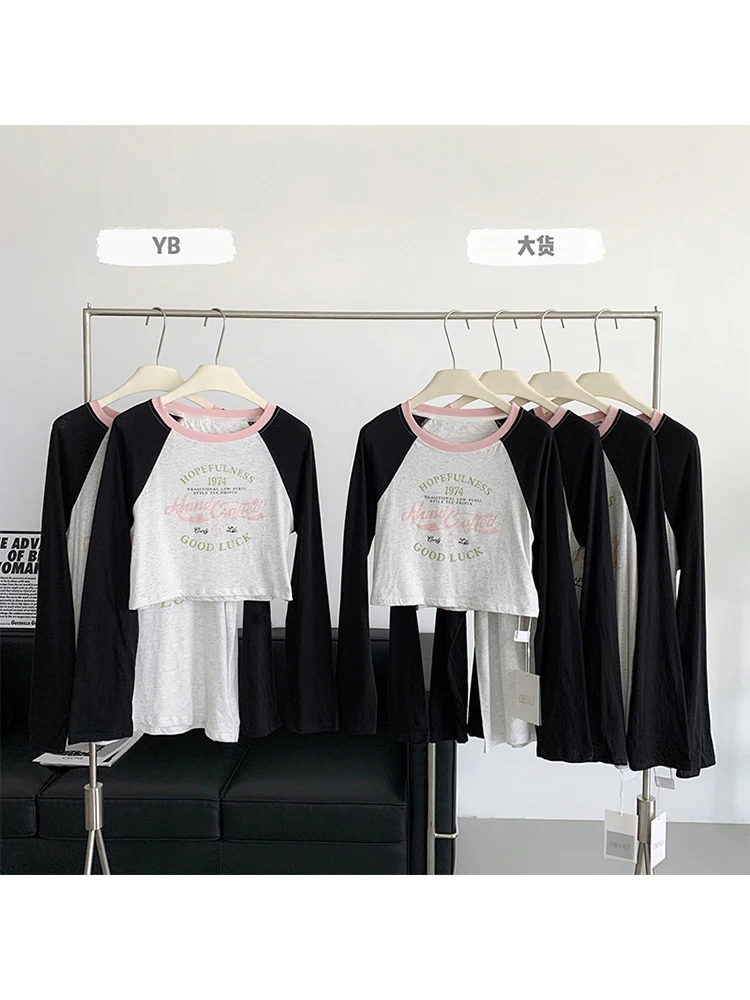 

Женские футболки в стиле Харадзюку, осень 2022, укороченный топ с круглым вырезом и длинным рукавом Y2k, Женская корейская мода, контрастная Футболка, Женская винтажная одежда