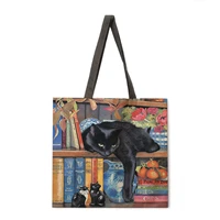 high quality linen shoulder bag oil painting cat printing handbag fashion womens leisure beach shopping bag handbag