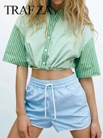 traf za new casual loose versatile waist drawstring elastic womens t shirt high street fashion green striped short lady top