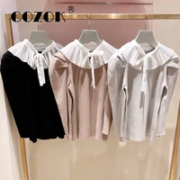 cozok japanese new 2022 sweater pullovers sweet women jumper gentle lace up fake collar solid puff long sleeve ribbed sweaters