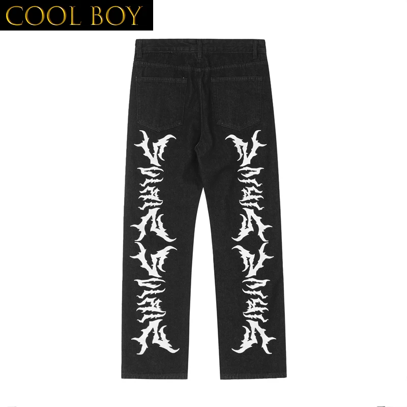 E BOY  High Street Thorns Print Spliced Straight Black Men's Jeans Pants Retro Pockets Hip Hop Baggy Casual Oversized Denim