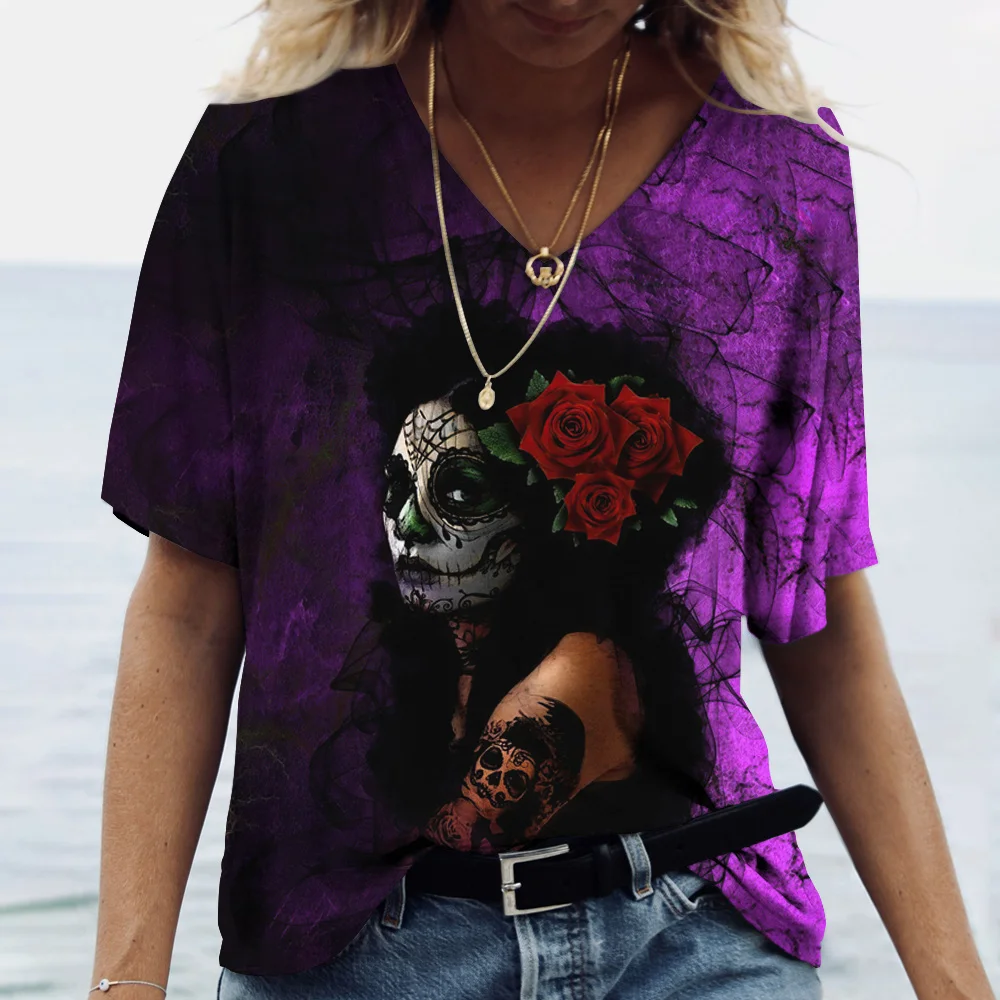 

3D Skull Print Women's Summer 2022 New V-neck Top Short Sleeve T-shirt Casual Funny Horror Harajuku Versatile Y2K Clothing S-5XL