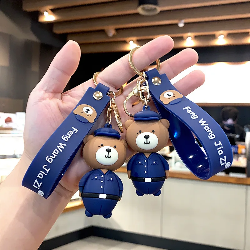 

2022 Woman Fashion Cute cartoon Bear Keychain Man Cartoon Police Bear purse Key Ring Creative Car Bag Phone Key Chains Gifts