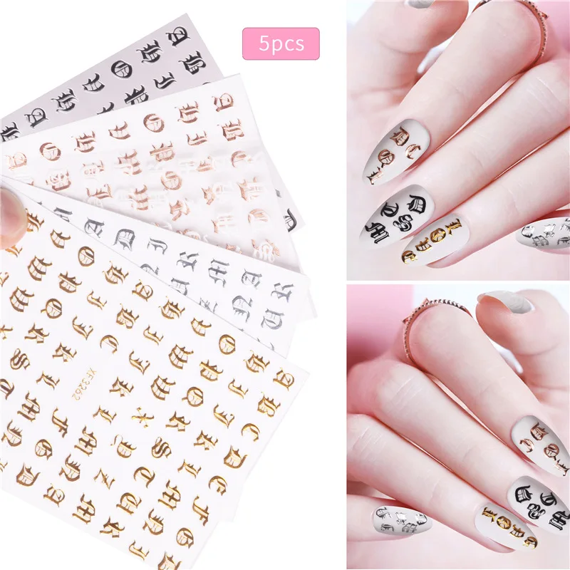 

5Pcs/Set Holographic Alphabet Letter Nail Decal Laser Gold Silver Black English Word Bronzing Sticker Symbolic Template Sliders