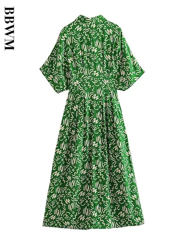2023 Women Short sleeves Dress Printed Mid-Calf Dresses Summer Fashion Vintage Pleated Dresses Chic Female Party Vestidos
