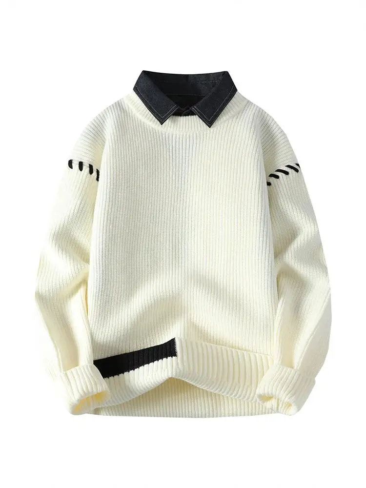 Shirt Collar Fake Two-Piece Warm Thickened Sweater Men's Autumn and Winter New 2024 High Sense Inner wear Knitted Bottoming S...
