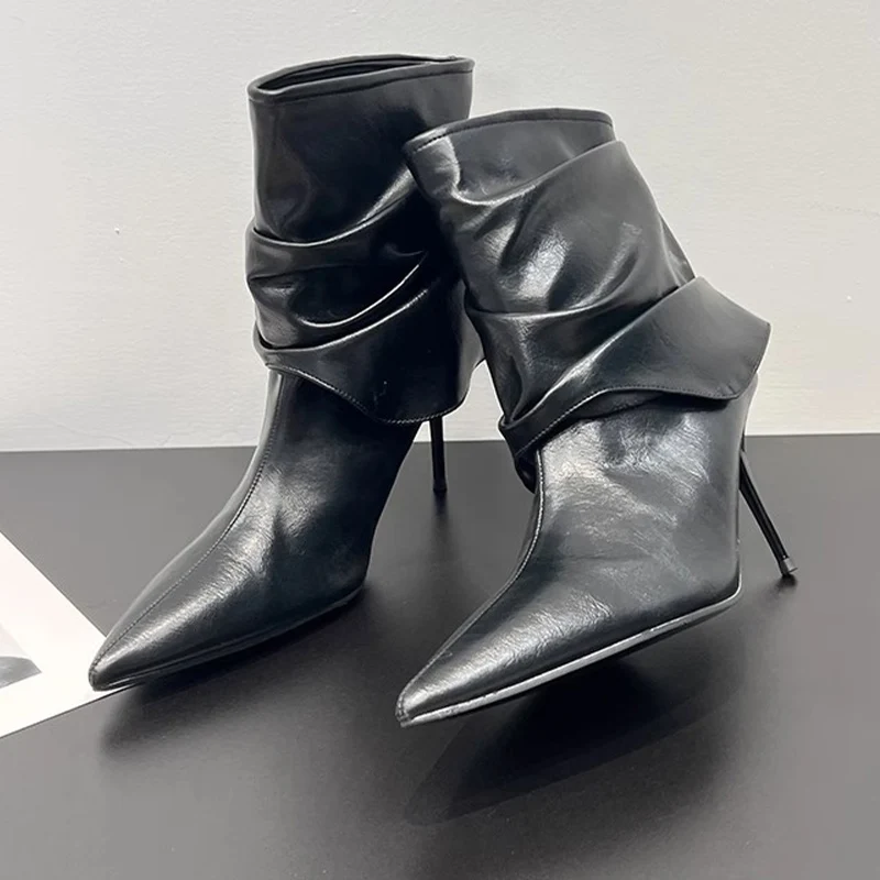 Сексуальные ботильоны на высоком каблуке с острым носком кожаные плиссированные