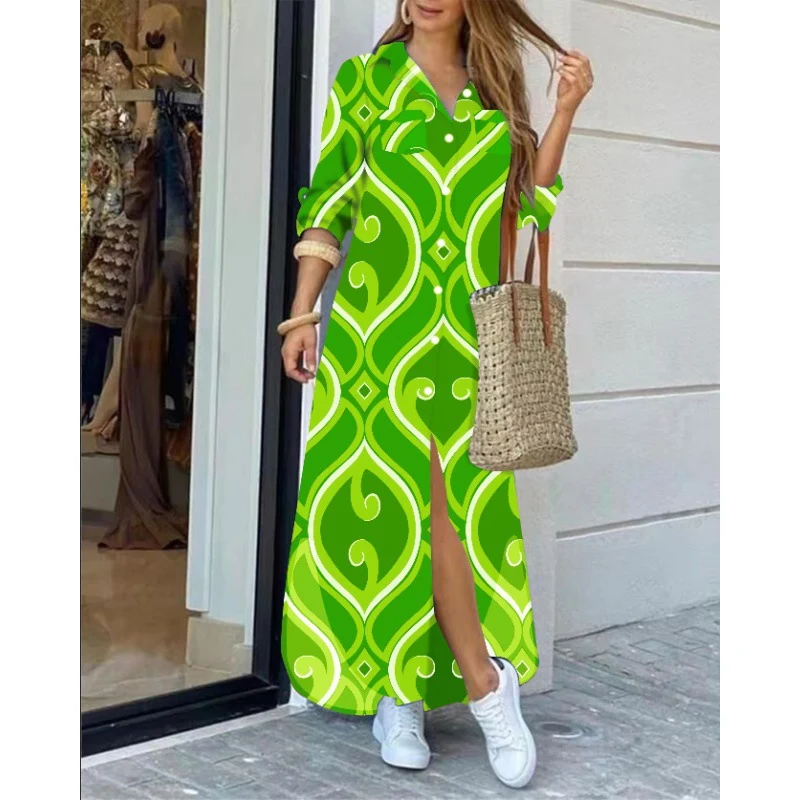 

Retro Abstract Face Print Shirt Dress Women Casual Long Sleeve Loose Chiffon Dress Fashion Turn-down Collar Commute Long Dresses