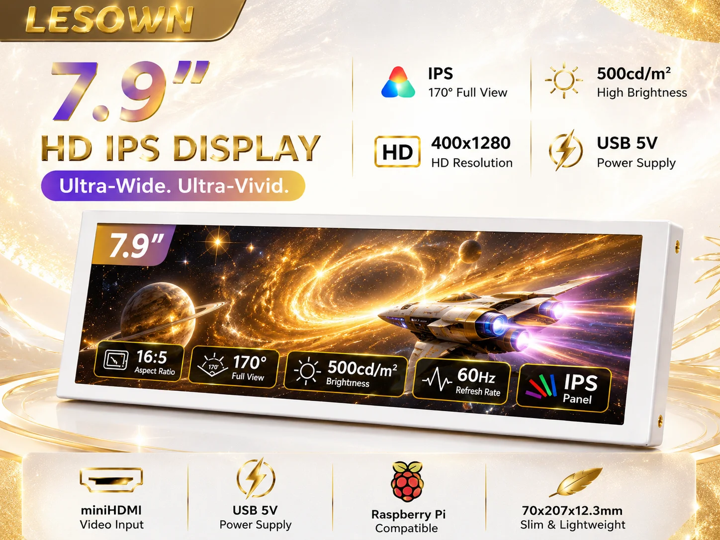 Фото LESOWN 7.9'' Экран без предустановки программ 400x1280, белый, HDTV, DIY, дисплей для микро-ПК, 5:16 №1