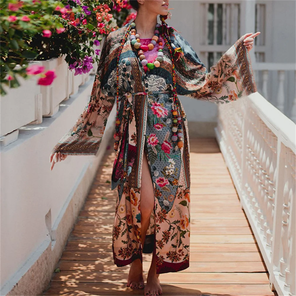 2022 Summer Floral Print Beach Cover Up Dress Tunic Long Pareos Bikinis Ups Swim Cardigan Robe Plage Beachwear |