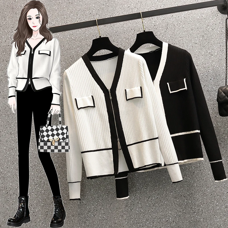 

Large Size V-neck Trendy Slimming Knit Top Zipper Short Cardigan 2022 Spring And Autumn New Vintage Tops