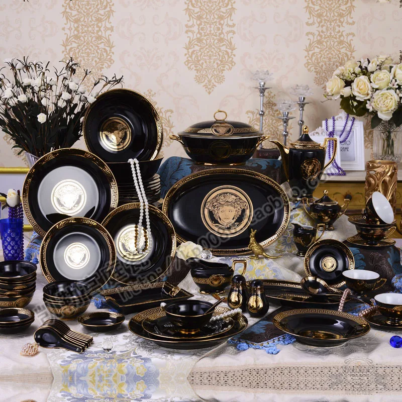 

European bone china tableware set 70 head ceramic western tableware, flat plate, soup plate, bowl, spoon, coffee set