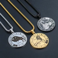 skqir stainless steel round pendant zodiac sign necklace for men silver gold black 12 constellation necklaces jewelry wholesale