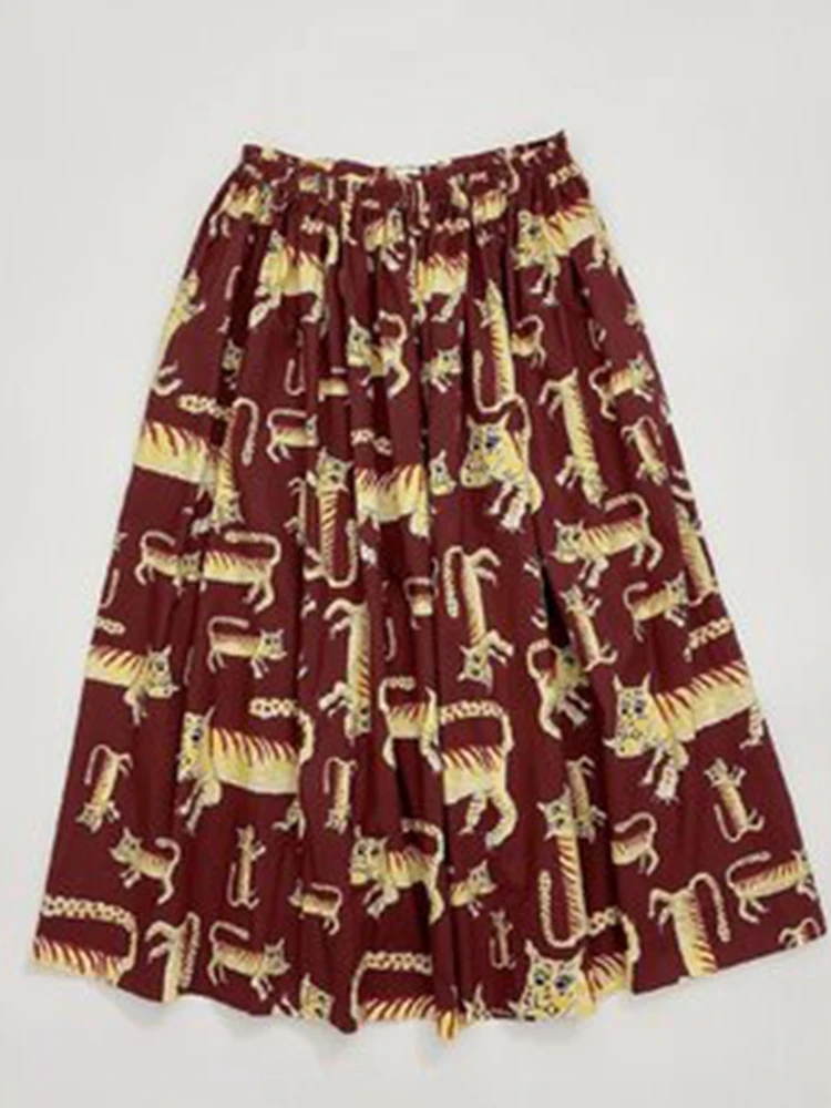 

Women Skirt mar* Tiger Print Non-Stretch Waist 100% Cotton Midi Skirt