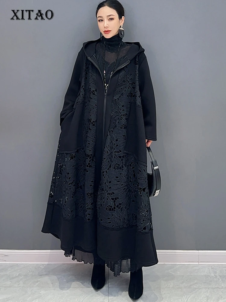 

XITAO/Свободный Повседневный Тренч с капюшоном, ажурный, длинный рукав, пэчворк, темперамент, мода 2023, Осенний женский новый Тренч DMJ2643