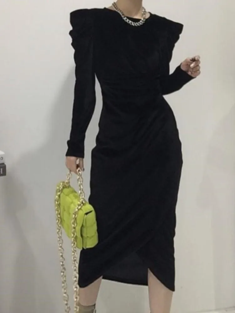 

Autumn Elegant Bodycon Women Velvet Midi Dress Vintage Casual Slim Black Long Party Vestido Feminino Prom Robe Clothes New